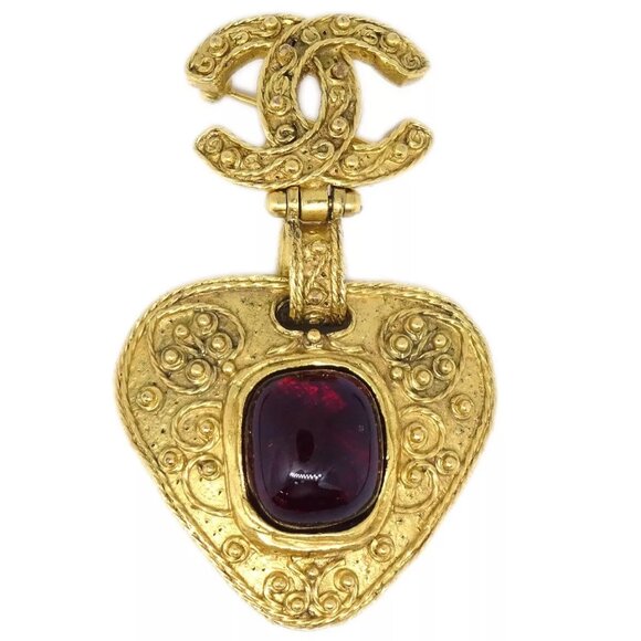 Chanel Gripoix Brooch Pin Gold Red - Picture 1 of 8